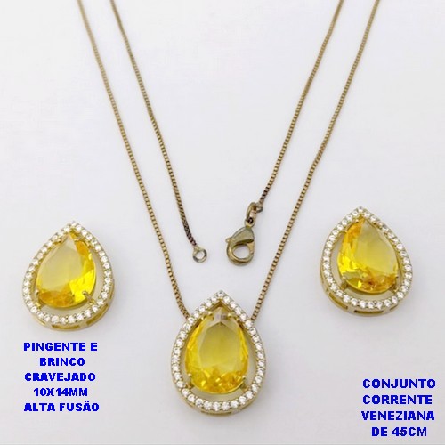 CONJUNTO NO BRUTO PRONTO PARA O BANHO(POTE )COM CORRENTE VENEZIANA DE 45CM / BRINCO E PINGENTE COM PEDRA DE " ZIRCONIA " COM BASE EM ALTA FUSÃO " 10X14MM " / PESO 5.9GR - BRU29044