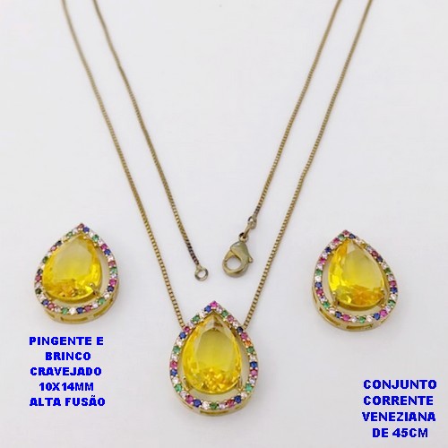 CONJUNTO NO BRUTO PRONTO PARA O BANHO(POTE )COM CORRENTE VENEZIANA DE 45CM / BRINCO E PINGENTE COM PEDRA DE " ZIRCONIA " COM BASE EM ALTA FUSÃO " 10X14MM " / PESO 5.9GR - BRU29045