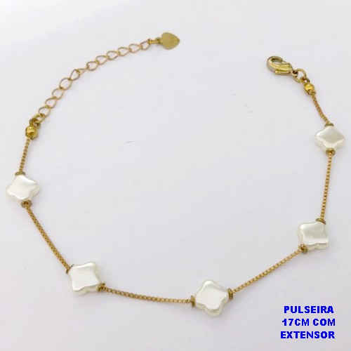 PULSEIRA NO BRUTO PRONTO PARA O BANHO(AV)(CX195 ) PULSEIRA CORRENTE VENEZIANA COM TREVO EM PEROLAS -TAMANHO 17CM+EXTENSOR COM FECHO LAGOSTA- PESO 1.9GR - BRU29060
