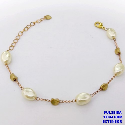 PULSEIRA NO BRUTO PRONTO PARA O BANHO(AV)(CX195 ) PULSEIRA CORRENTE CADEADO COM PEROLAS -TAMANHO 17CM+EXTENSOR COM FECHO LAGOSTA- PESO 2.9GR - BRU29062