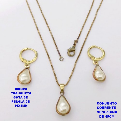 CONJUNTO NO BRUTO PRONTO PARA O BANHO(AV)(CX195 ) CONJUNTO COM CORRENTE VENEZIANA DE 45CM BRINCO E PINGENTE DE PEROLA EM GOTA 14X8MM COM FECHO LAGOSTA- PESO 3.8GR - BRU29065