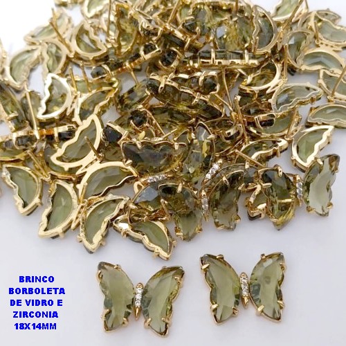 BRINCO NO BRUTO PRONTO PARA O BANHO(CX ). BRINCO DE PINO BORBOLETA EM VIDRO E ZIRCONIA / TAMANHO 18X14MM -( PESO 3.6GR - BRU29081
