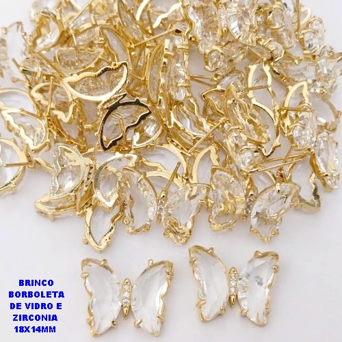 BRINCO NO BRUTO PRONTO PARA O BANHO(CX ). BRINCO DE PINO BORBOLETA EM VIDRO E ZIRCONIA / TAMANHO 18X14MM -( PESO 3.6GR - BRU29082