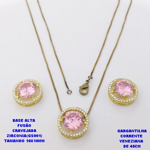 CONJUNTO NO BRUTO PRONTO PARA O BANHO(POTE) CONJUNTO COM CORRENTE VENEZIANA DE 45CM / BRINCO E PINGENTE COM BASE EM ALTA FUSÃO( "ZIRCONIA GS001 ")" 10X10MM" / PESO 10GR - BRU29083