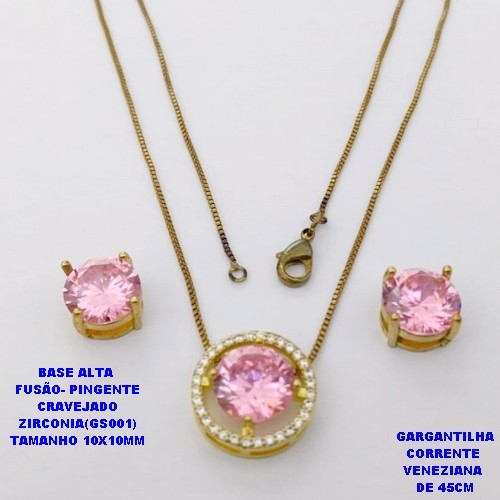 CONJUNTO NO BRUTO PRONTO PARA O BANHO(POTE) CONJUNTO COM CORRENTE VENEZIANA DE 45CM / BRINCO E PINGENTE COM BASE EM ALTA FUSÃO( "ZIRCONIA GS001 ")" 10X10MM" / PESO 9GR - BRU29085