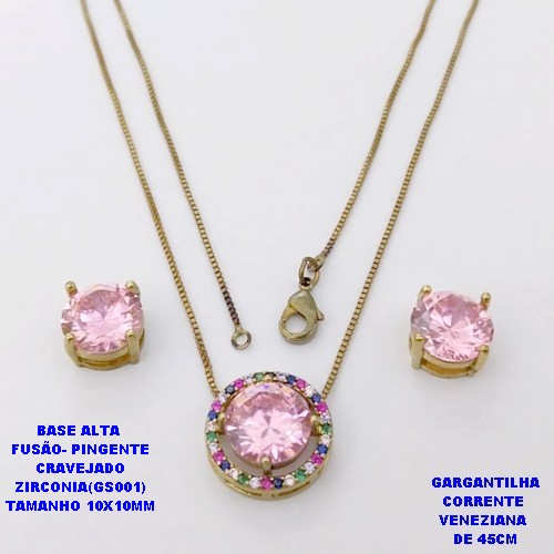 CONJUNTO NO BRUTO PRONTO PARA O BANHO(POTE) CONJUNTO COM CORRENTE VENEZIANA DE 45CM / BRINCO E PINGENTE COM BASE EM ALTA FUSÃO( "ZIRCONIA GS001 ")" 10X10MM" / PESO 9GR - BRU29086