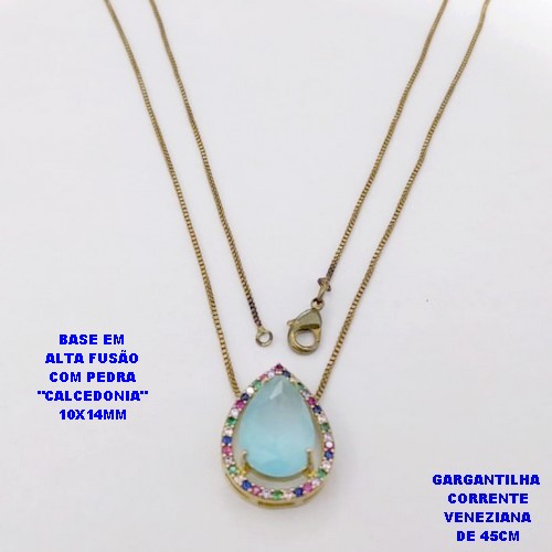 GARGANTILHA NO BRUTO PRONTO PARA O BANHO(POTE )COM CORRENTE VENEZIANA DE 45CM / PINGENTE COM PEDRA DE " CALCEDONIA " COM BASE EM ALTA FUSÃO " 10X14MM " / PESO 3.9GR - BRU29094