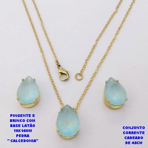 CONJUNTO NO BRUTO PRONTO PARA O BANHO(POTE )COM CORRENTE CADEADO DE 45CM / PINGENTE E BRINCO COM PEDRA DE " CALCEDONIA " COM BASE EM LATÃO " 10X14MM " / PESO 5.5GR - BRU29097