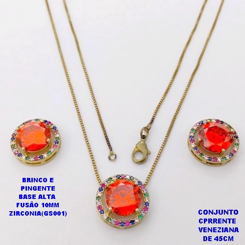 CONJUNTO NO BRUTO PRONTO PARA O BANHO(POTE) CONJUNTO COM CORRENTE VENEZIANA DE 45CM / BRINCO E PINGENTE COM BASE EM ALTA FUSÃO( "ZIRCONIA GS001 ")" 10X10MM" / PESO 9GR - BRU29103