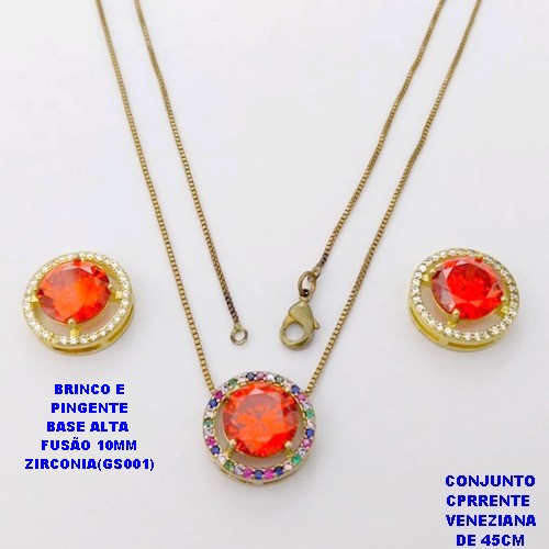 CONJUNTO NO BRUTO PRONTO PARA O BANHO(POTE) CONJUNTO COM CORRENTE VENEZIANA DE 45CM / BRINCO E PINGENTE COM BASE EM ALTA FUSÃO( "ZIRCONIA GS001 ")" 10X10MM" / PESO 9GR - BRU29104