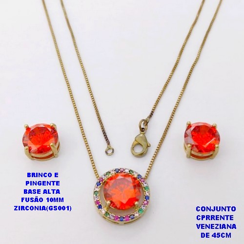 CONJUNTO NO BRUTO PRONTO PARA O BANHO(POTE) CONJUNTO COM CORRENTE VENEZIANA DE 45CM / BRINCO E PINGENTE COM BASE EM ALTA FUSÃO( "ZIRCONIA GS001 ")" 10X10MM" / PESO 9GR - BRU29105