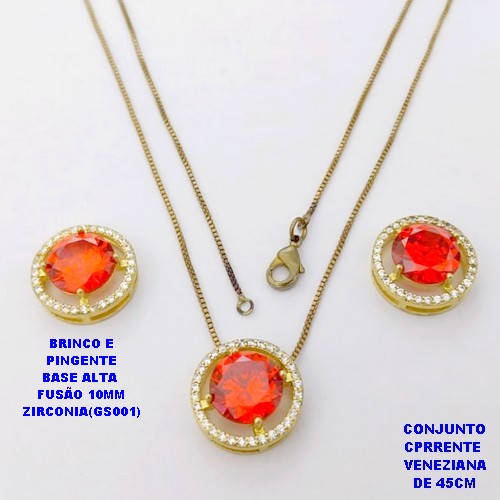 CONJUNTO NO BRUTO PRONTO PARA O BANHO(POTE) CONJUNTO COM CORRENTE VENEZIANA DE 45CM / BRINCO E PINGENTE COM BASE EM ALTA FUSÃO( "ZIRCONIA GS001 ")" 10X10MM" / PESO 9GR - BRU29106
