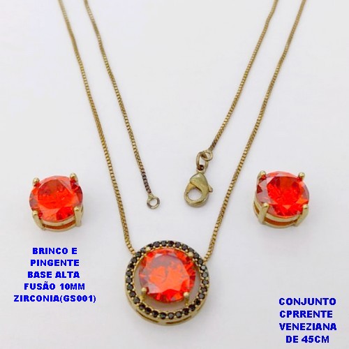 CONJUNTO NO BRUTO PRONTO PARA O BANHO(POTE) CONJUNTO COM CORRENTE VENEZIANA DE 45CM / BRINCO E PINGENTE COM BASE EM ALTA FUSÃO( "ZIRCONIA GS001 ")" 10X10MM" / PESO 9GR - BRU29109