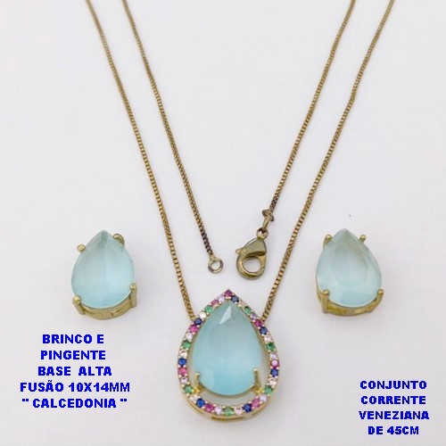 CONJUNTO NO BRUTO PRONTO PARA O BANHO(POTE) CONJUNTO COM CORRENTE VENEZIANA DE 45CM / BRINCO E PINGENTE COM BASE EM ALTA FUSÃO( " PEDRA DE CALCEDONIA ")" 10X14MM" / PESO 7.2GR - BRU29113