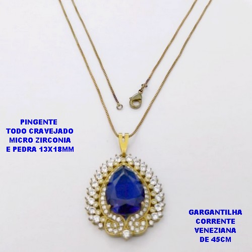 GARGANTILHA NO BRUTO PRONTO PARA O BANHO (CX.137) -CORRENTE VENEZIANA DE 45CM E PINGENTE TODO CRAVEJADO COM PEDRA 13X18MM - PESO TOTAL 8.9GR - BRU29132