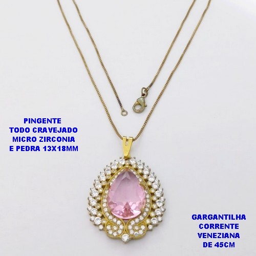 GARGANTILHA NO BRUTO PRONTO PARA O BANHO (CX.137) -CORRENTE VENEZIANA DE 45CM E PINGENTE TODO CRAVEJADO COM PEDRA 13X18MM - PESO TOTAL 8.9GR - BRU29133