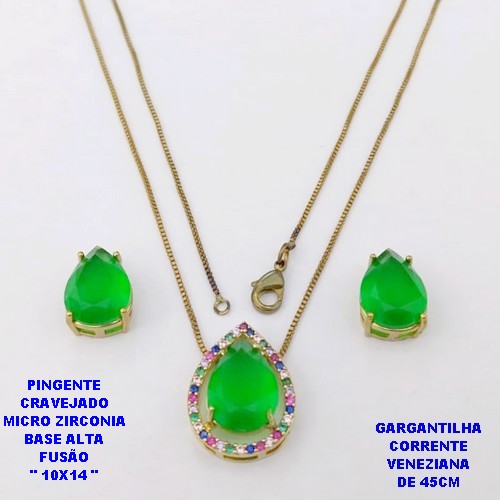 CONJUNTO NO BRUTO PRONTO PARA O BANHO(POTE) CONJUNTO COM CORRENTE VENEZIANA DE 45CM - PINGENTE EM ALTA FUSÃO CRAVEJADO E (" PEDRA 10X14MM ")- PESO 6.2GR - BRU29147