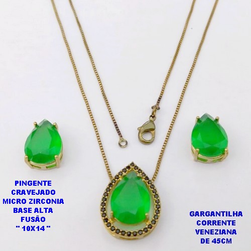 CONJUNTO NO BRUTO PRONTO PARA O BANHO(POTE) CONJUNTO COM CORRENTE VENEZIANA DE 45CM - PINGENTE EM ALTA FUSÃO CRAVEJADO E (" PEDRA 10X14MM ")- PESO 6.2GR - BRU29148