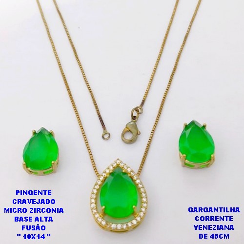 CONJUNTO NO BRUTO PRONTO PARA O BANHO(POTE) CONJUNTO COM CORRENTE VENEZIANA DE 45CM - PINGENTE EM ALTA FUSÃO CRAVEJADO E (" PEDRA 10X14MM ")- PESO 6.2GR - BRU29149