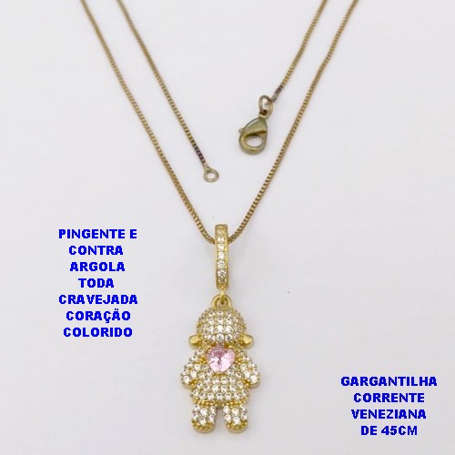 GARGANTILHA NO BRUTO PRONTO PARA O BANHO(CX118) GARGANTILHA COM CORRENTE VENEZIANA DE 45CM - PINGENTE E CONTRA ARGOLA EM ALTA FUSÃO TODO CRAVEJADO -TAMANHO 20MM(2CM))- PESO 3.9GR - BRU29151