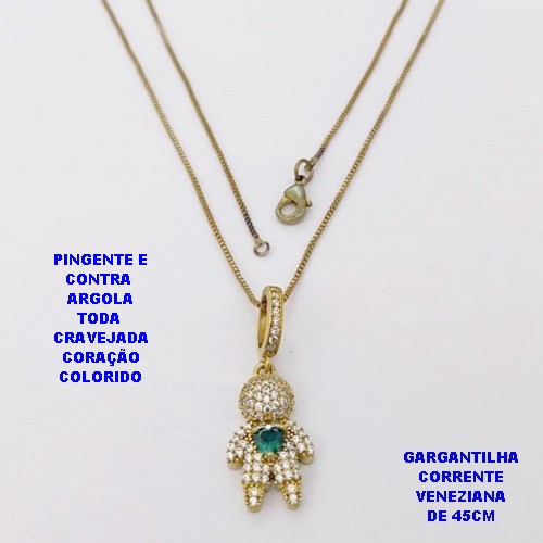 GARGANTILHA NO BRUTO PRONTO PARA O BANHO(CX118) GARGANTILHA COM CORRENTE VENEZIANA DE 45CM - PINGENTE E CONTRA ARGOLA EM ALTA FUSÃO TODO CRAVEJADO -TAMANHO 20MM(2CM))- PESO 3.9GR - BRU29152