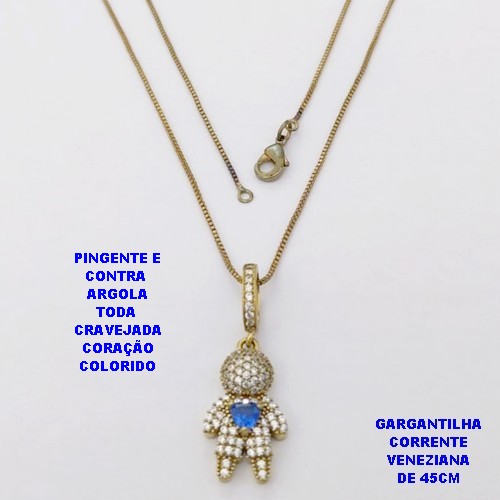 GARGANTILHA NO BRUTO PRONTO PARA O BANHO(CX118) GARGANTILHA COM CORRENTE VENEZIANA DE 45CM - PINGENTE E CONTRA ARGOLA EM ALTA FUSÃO TODO CRAVEJADO -TAMANHO 20MM(2CM))- PESO 3.9GR - BRU29153