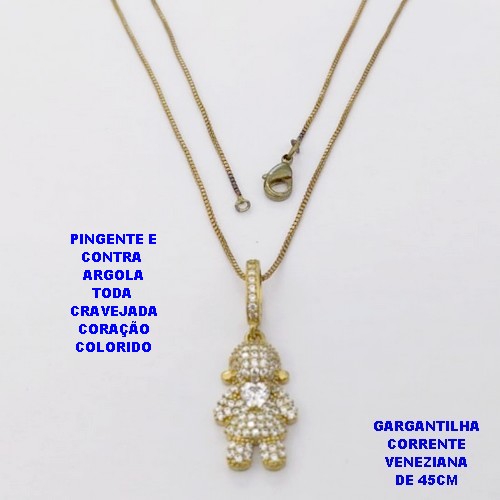 GARGANTILHA NO BRUTO PRONTO PARA O BANHO(CX118) GARGANTILHA COM CORRENTE VENEZIANA DE 45CM - PINGENTE E CONTRA ARGOLA EM ALTA FUSÃO TODO CRAVEJADO -TAMANHO 20MM(2CM))- PESO 3.9GR - BRU29154