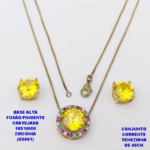 CONJUNTO NO BRUTO PRONTO PARA O BANHO(POTE) CONJUNTO COM CORRENTE VENEZIANA DE 45CM / BRINCO E PINGENTE COM BASE EM ALTA FUSÃO( "ZIRCONIA GS001 ")" 10X10MM" / PESO 9GR - BRU29183