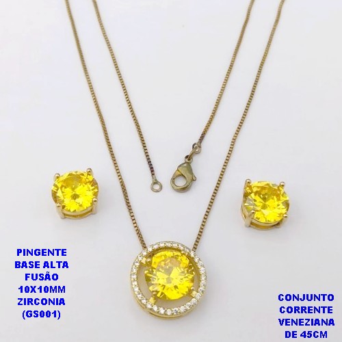 CONJUNTO NO BRUTO PRONTO PARA O BANHO(POTE) CONJUNTO COM CORRENTE VENEZIANA DE 45CM / BRINCO E PINGENTE COM BASE EM ALTA FUSÃO( "ZIRCONIA GS001 ")" 10X10MM" / PESO 9GR - BRU29184