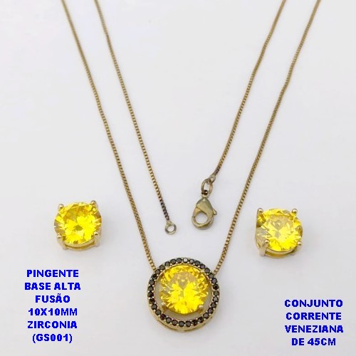 CONJUNTO NO BRUTO PRONTO PARA O BANHO(POTE) CONJUNTO COM CORRENTE VENEZIANA DE 45CM / BRINCO E PINGENTE COM BASE EM ALTA FUSÃO( "ZIRCONIA GS001 ")" 10X10MM" / PESO 9GR - BRU29185