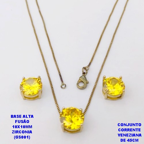 CONJUNTO NO BRUTO PRONTO PARA O BANHO(POTE) CONJUNTO COM CORRENTE VENEZIANA DE 45CM / BRINCO E PINGENTE COM BASE EM ALTA FUSÃO( "ZIRCONIA GS001 ")" 10X10MM" / PESO 7.9GR - BRU29186