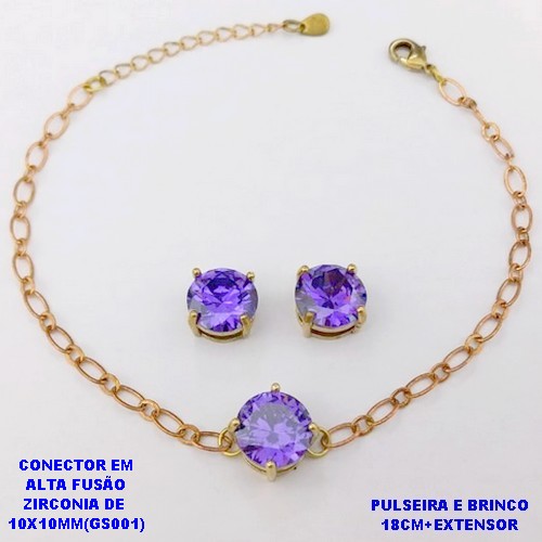 CONJUNTO NO BRUTO PRONTO PARA O BANHO(POTE) PULSEIRA 1X1 ELLO BATIDO LARGURA 0,3MM E BRINCO 10X10MM/ CONECTOR COM BASE EM ALTA FUSÃO( "ZIRCONIA GS001 ")" 10X10MM" / PESO 7.9GR - BRU29199