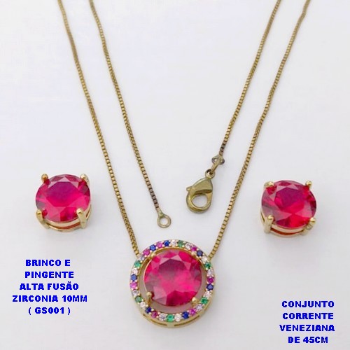 CONJUNTO NO BRUTO PRONTO PARA O BANHO(POTE)- CONJUNTO COM CORRENTE VENEZIANA DE 45CM PINGENTE E BRINCO ALTA FUSÃO (ZIRCONIA 10X10MM (GS001) PESO TOTAL 7.5GR - BRU29222