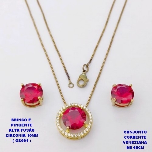 CONJUNTO NO BRUTO PRONTO PARA O BANHO(POTE)- CONJUNTO COM CORRENTE VENEZIANA DE 45CM PINGENTE E BRINCO ALTA FUSÃO (ZIRCONIA 10X10MM (GS001) PESO TOTAL 7.5GR - BRU29223