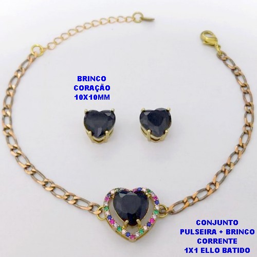 CONJUNTO NO BRUTO PRONTO PARA O BANHO() PULSEIRA 1X1 ELLO BATIDO LARGURA 3MM + BRINCO CORAÇÃO - CONECTOR COM CONECTOR EM ALTA FUSÃO CRAVEJADA ( "ZIRCONIA " 10X10MM" / PESO 6.8GR - BRU29240