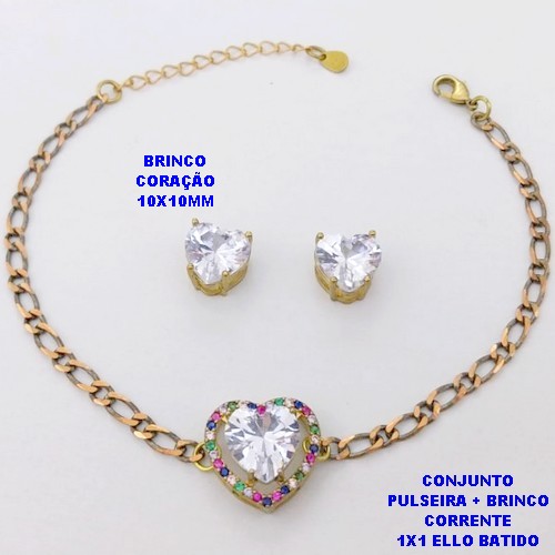 CONJUNTO NO BRUTO PRONTO PARA O BANHO() PULSEIRA 1X1 ELLO BATIDO LARGURA 3MM + BRINCO CORAÇÃO - CONECTOR COM CONECTOR EM ALTA FUSÃO CRAVEJADA ( "ZIRCONIA " 10X10MM" / PESO 6.8GR - BRU29242
