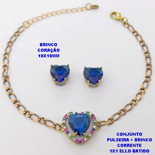 CONJUNTO NO BRUTO PRONTO PARA O BANHO() PULSEIRA 1X1 ELLO BATIDO LARGURA 3MM + BRINCO CORAÇÃO - CONECTOR COM CONECTOR EM ALTA FUSÃO CRAVEJADA ( "ZIRCONIA " 10X10MM" / PESO 6.8GR - BRU29243