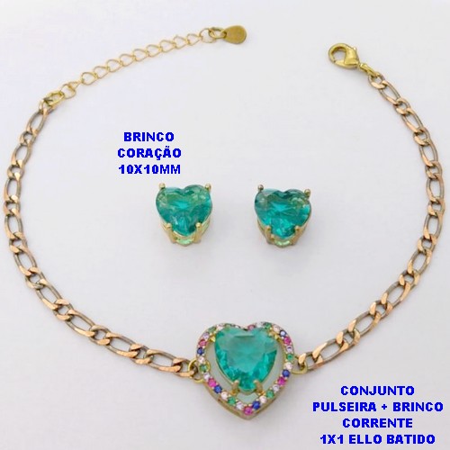 CONJUNTO NO BRUTO PRONTO PARA O BANHO() PULSEIRA 1X1 ELLO BATIDO LARGURA 3MM + BRINCO CORAÇÃO - CONECTOR COM CONECTOR EM ALTA FUSÃO CRAVEJADA ( "ZIRCONIA " 10X10MM" / PESO 6.8GR - BRU29244