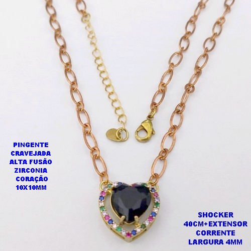 SHOCKER NO BRUTO PRONTO PARA O BANHO / CORRENTE 1X1 ELLO BATIDO /LARGURA 4MM /PINGENTE EM ALTA FUSÃO CRAVEJADO/ ZIRCONIA DE CORAÇÃO DE 10X10MM / PESO 6.8GR - BRU29251