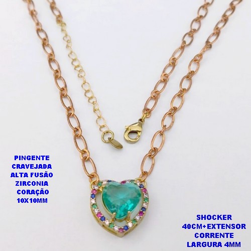 SHOCKER NO BRUTO PRONTO PARA O BANHO / CORRENTE 1X1 ELLO BATIDO /LARGURA 4MM /PINGENTE EM ALTA FUSÃO CRAVEJADO/ ZIRCONIA DE CORAÇÃO DE 10X10MM / PESO 6.8GR - BRU29252