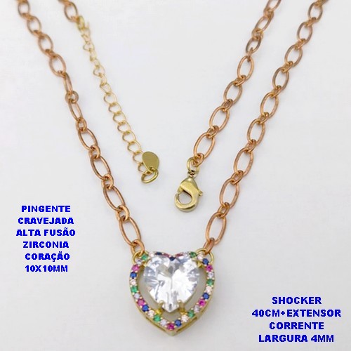 SHOCKER NO BRUTO PRONTO PARA O BANHO / CORRENTE 1X1 ELLO BATIDO /LARGURA 4MM /PINGENTE EM ALTA FUSÃO CRAVEJADO/ ZIRCONIA DE CORAÇÃO DE 10X10MM / PESO 6.8GR - BRU29253