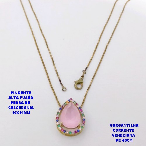 GARGANTILHA NO BRUTO PRONTO PARA O BANHO(POTE )COM CORRENTE VENEZIANA DE 45CM / PINGENTE COM PEDRA DE " CALCEDONIA " COM BASE EM ALTA FUSÃO " 10X14MM " / PESO 3.9GR - BRU29256