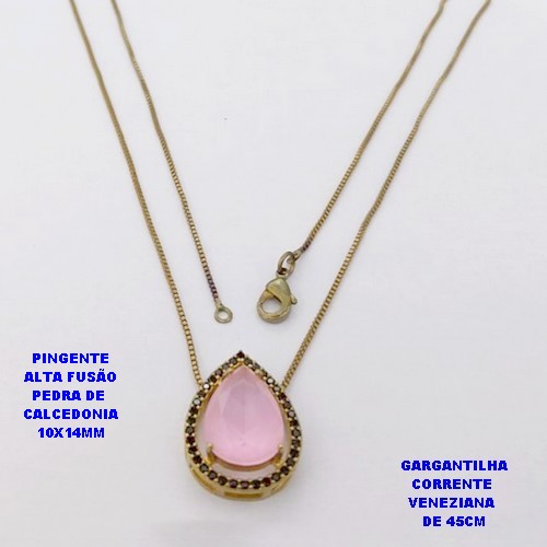 GARGANTILHA NO BRUTO PRONTO PARA O BANHO(POTE )COM CORRENTE VENEZIANA DE 45CM / PINGENTE COM PEDRA DE " CALCEDONIA " COM BASE EM ALTA FUSÃO " 10X14MM " / PESO 3.9GR - BRU29257
