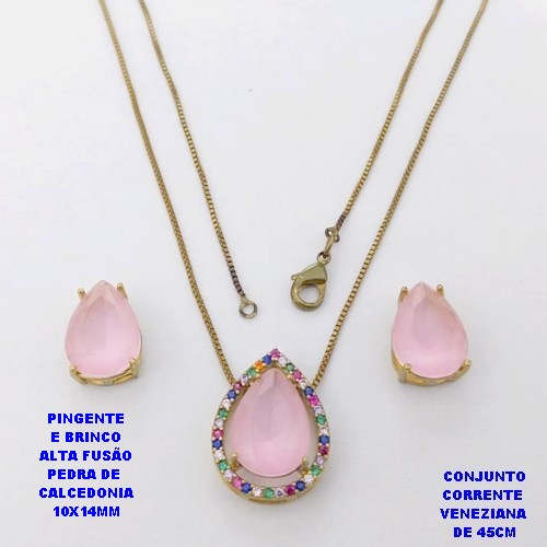 CONJUNTO NO BRUTO PRONTO PARA O BANHO(POTE) CONJUNTO COM CORRENTE VENEZIANA DE 45CM / BRINCO E PINGENTE COM BASE EM ALTA FUSÃO( " PEDRA DE CALCEDONIA ")" 10X14MM" / PESO 7.2GR - BRU29260