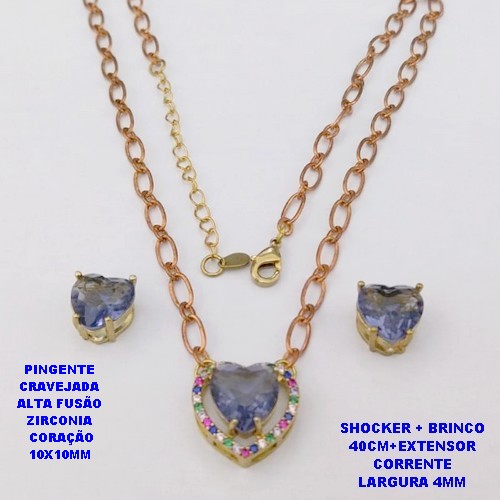 CONJUNTO NO BRUTO PRONTO PARA O BANHO / CONJUNTO SHOCKER E BRINCO COM CORRENTE 1X1 ELLO BATIDO 4MM /BRINCO E PINGENTE EM ALTA FUSÃO / ZIRCONIA 10X10MM - / PESO 9.8GR - BRU29265