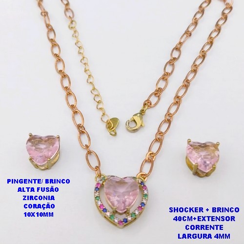 CONJUNTO NO BRUTO PRONTO PARA O BANHO / CONJUNTO SHOCKER E BRINCO COM CORRENTE 1X1 ELLO BATIDO 4MM /BRINCO E PINGENTE EM ALTA FUSÃO / ZIRCONIA 10X10MM - / PESO 9.8GR - BRU29267