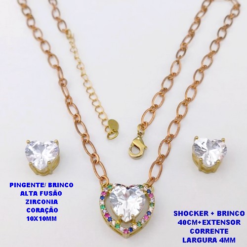 CONJUNTO NO BRUTO PRONTO PARA O BANHO / CONJUNTO SHOCKER E BRINCO COM CORRENTE 1X1 ELLO BATIDO 4MM /BRINCO E PINGENTE EM ALTA FUSÃO / ZIRCONIA 10X10MM - / PESO 9.8GR - BRU29273