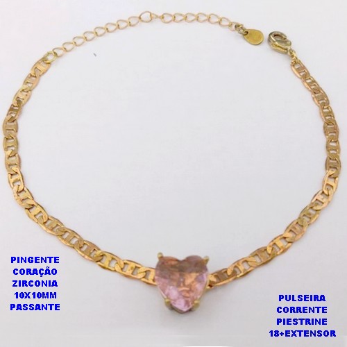 PULSEIRA NO BRUTO PRONTO PARA O BANHO(CX194) PULSEIRA COM CORRENTE PIESTRINE 3,5MM / PINGENTE PASSANTE EM ALTA FUSÃO CORAÇÃO/TAMANHO 18CM+EXTENSOR / ZIRCONIA 10X10MM - / PESO 3.8GR - BRU29274