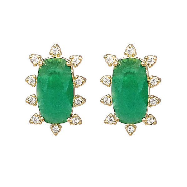 Brinco Pedra Verde Esmeralda com Zircônias | Folheado a Ouro 18K