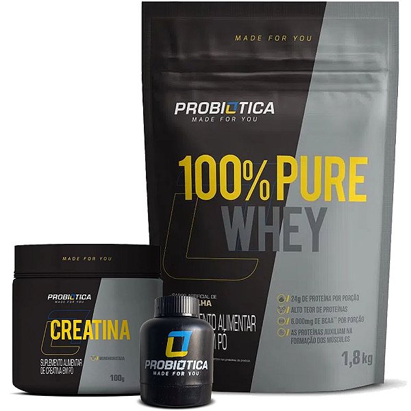 Kit 100% Pure Whey 1,8kg (Refil) + Creatina Pura 100g + Chaveiro Porta Whey (2 Scoops) - Probiotica